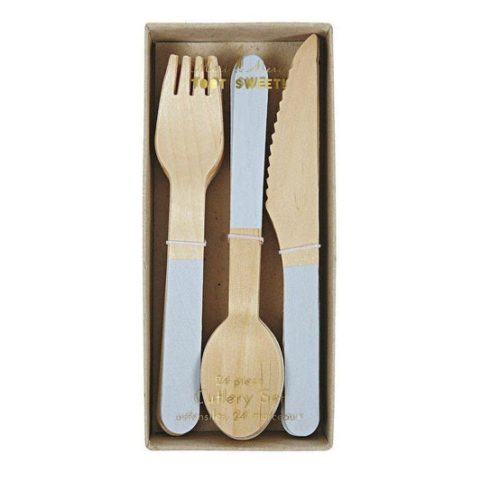 Set of 24 Blue Wooden Utensils, Spoons, Forks, & Knives